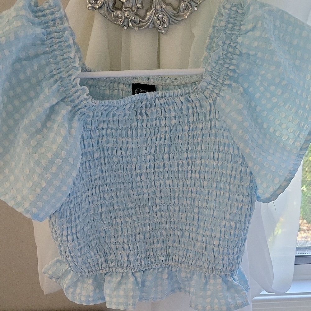 Blue Ruffled Smocked Blouse with Square Neckline